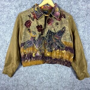 Vintage Ruby Cho Bomber Jacket Women XL Silk Artsy 90s Floral Beaded Full Zipper